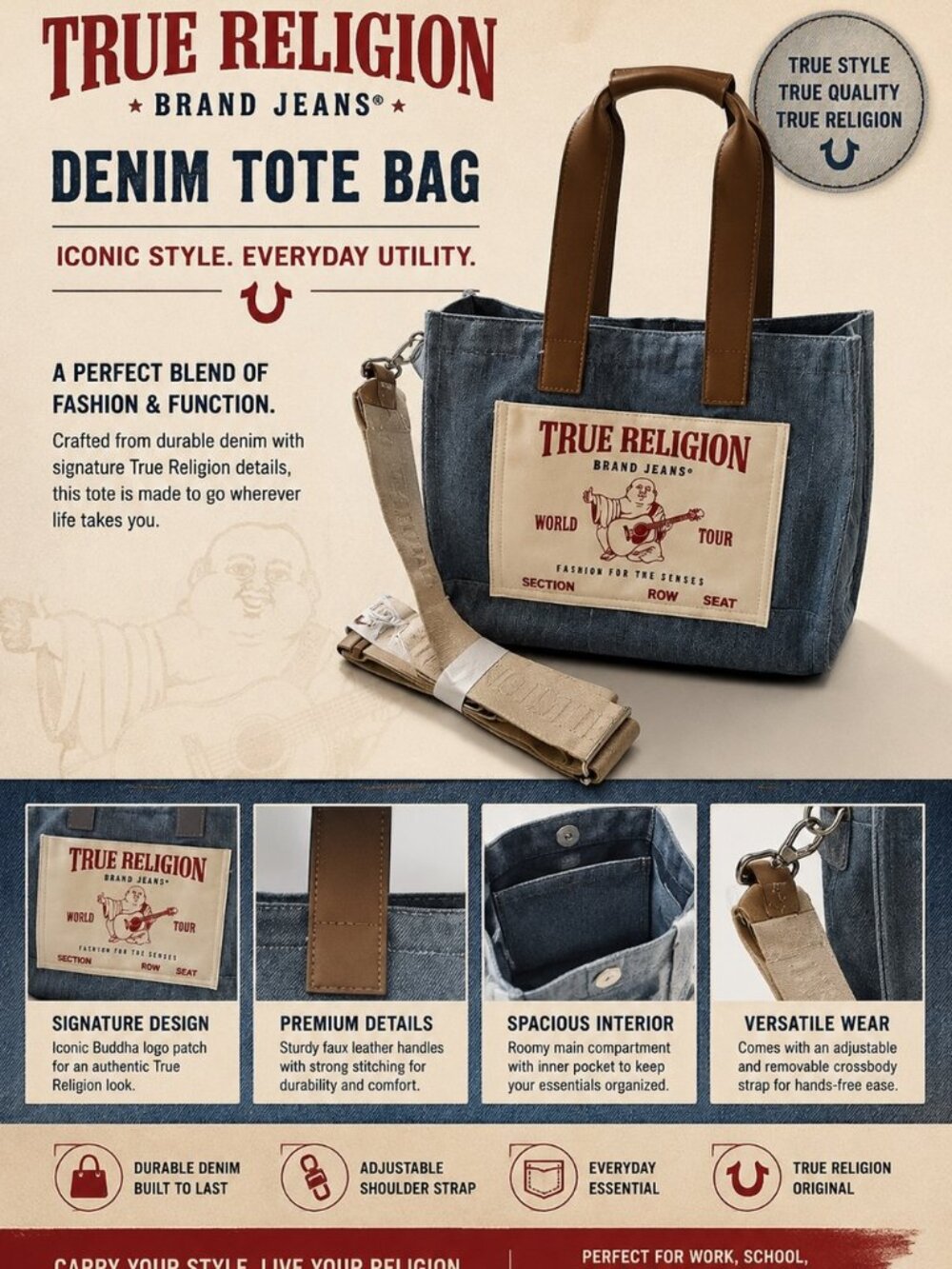 NWT - True Religion Denim Canvas Buddha Tote Bag with Adjustable Straps